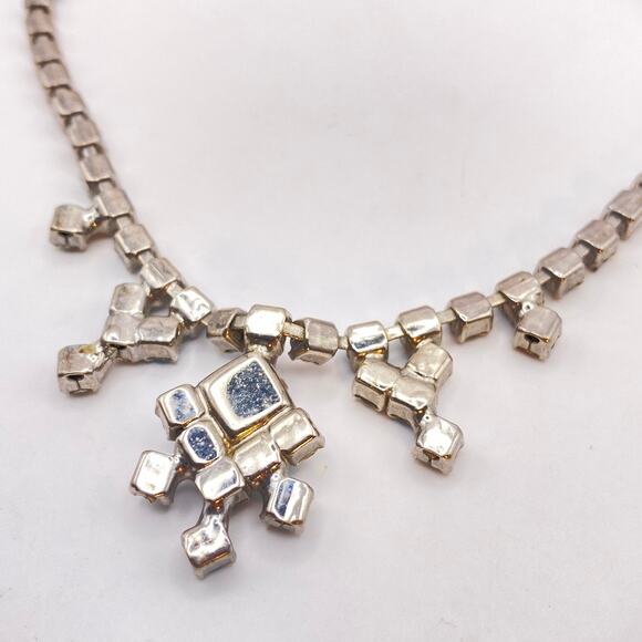 Vintage Art Deco Style Blue Prong Set Crystal Glass Necklace 16" - Picture 10 of 11